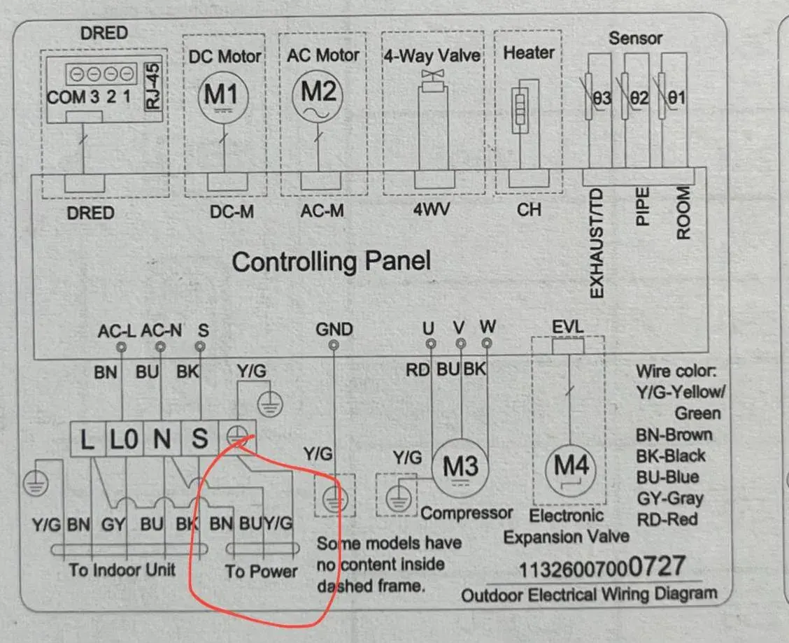 схема электрического подключения наружного блока HVAC с подписью элементов и проводов