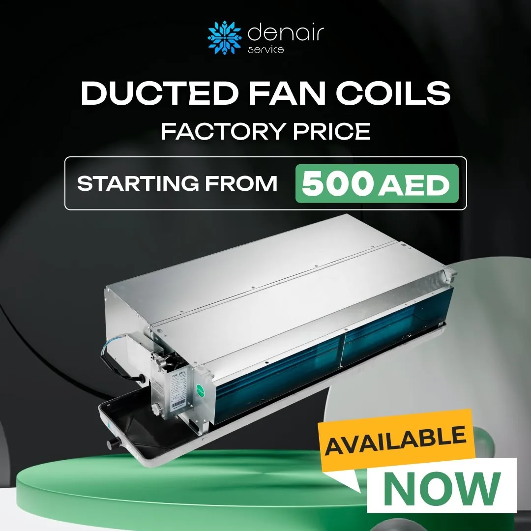 Промоизображение с текстом о ducted fan coils и заводской цене, связанное с канальными системами кондиционирования